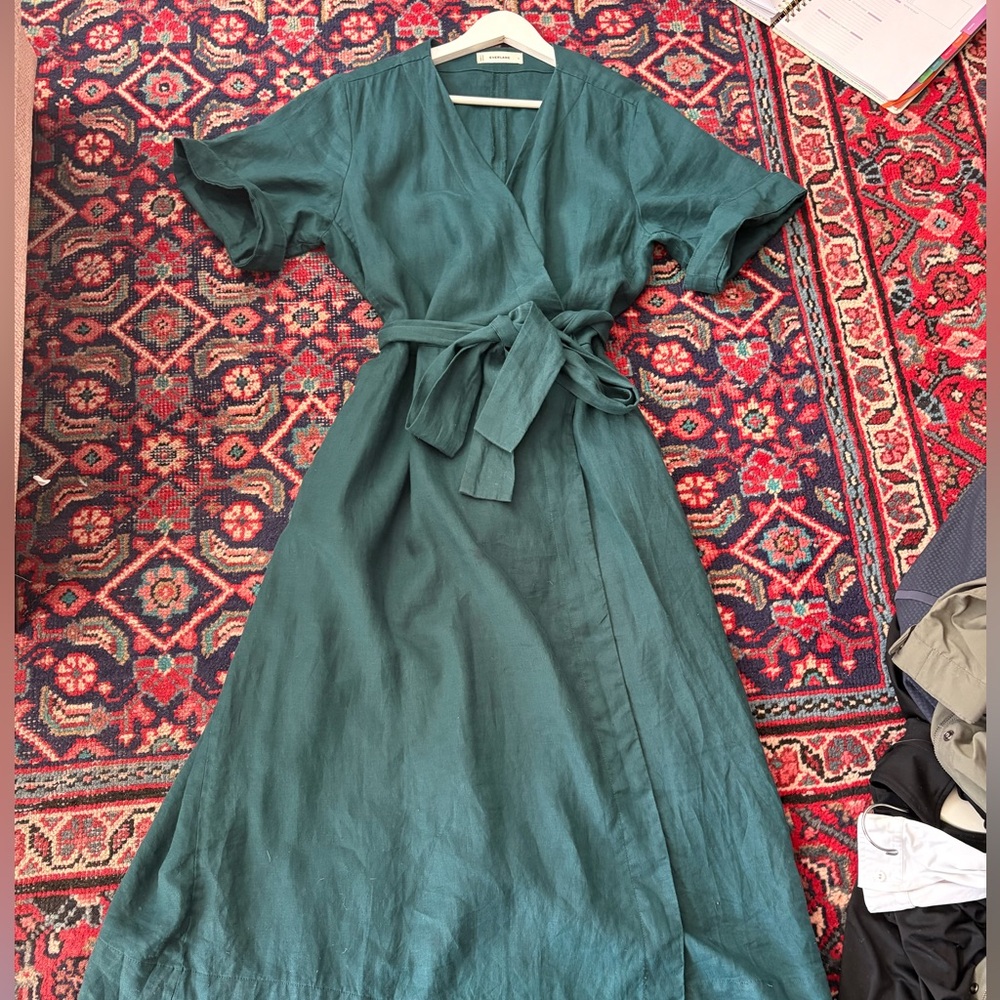 EVERLANE Linen Midi Wrap Dress Emerald/Garnet Green Size L Classic